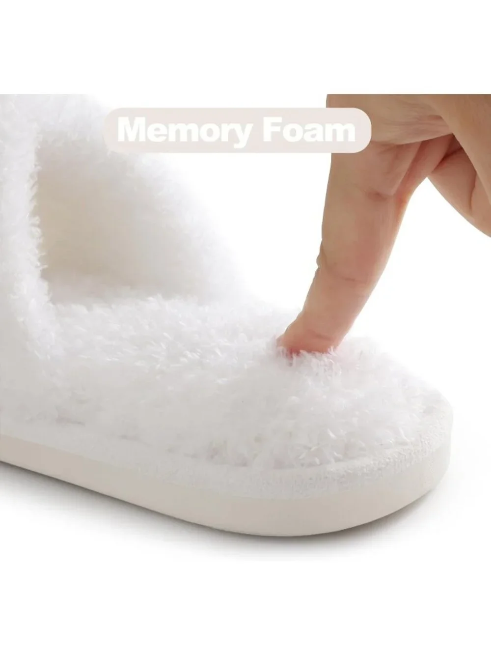 Women's White Velvet Fuzzy Cross Band Memory Foam House Open Toe Slipper Shoes - Picture 5 of 6